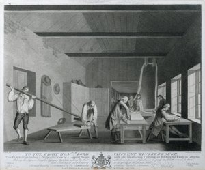Perspektivbilde av et lapping-rom med måling, sprø eller bretting av stoffet i lengder, plate XI til The Linen Manufactory of Ireland;, 1783 (mezzotint)
